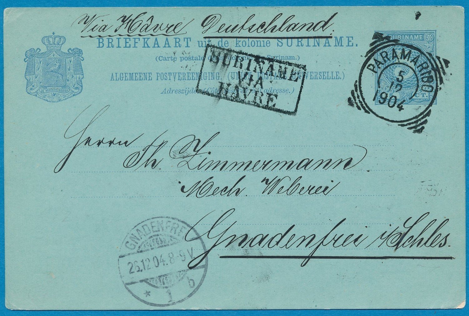 SURINAME briefkaart 1904 Paramaribo naar Duitsland