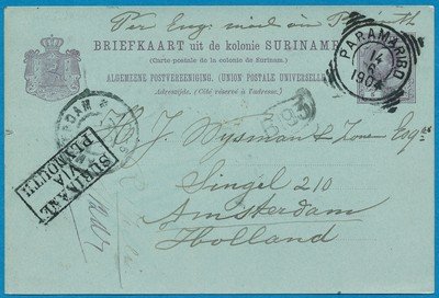 SURINAME briefkaart 1904 Paramaribo naar Amsterdam