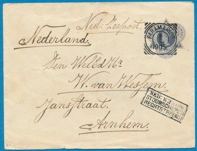 SURINAME envelop 1905 Paramaribo naar Arnhem