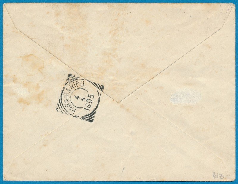 SURINAME envelop 1905 Beneden Commewijne naar Paramaribo