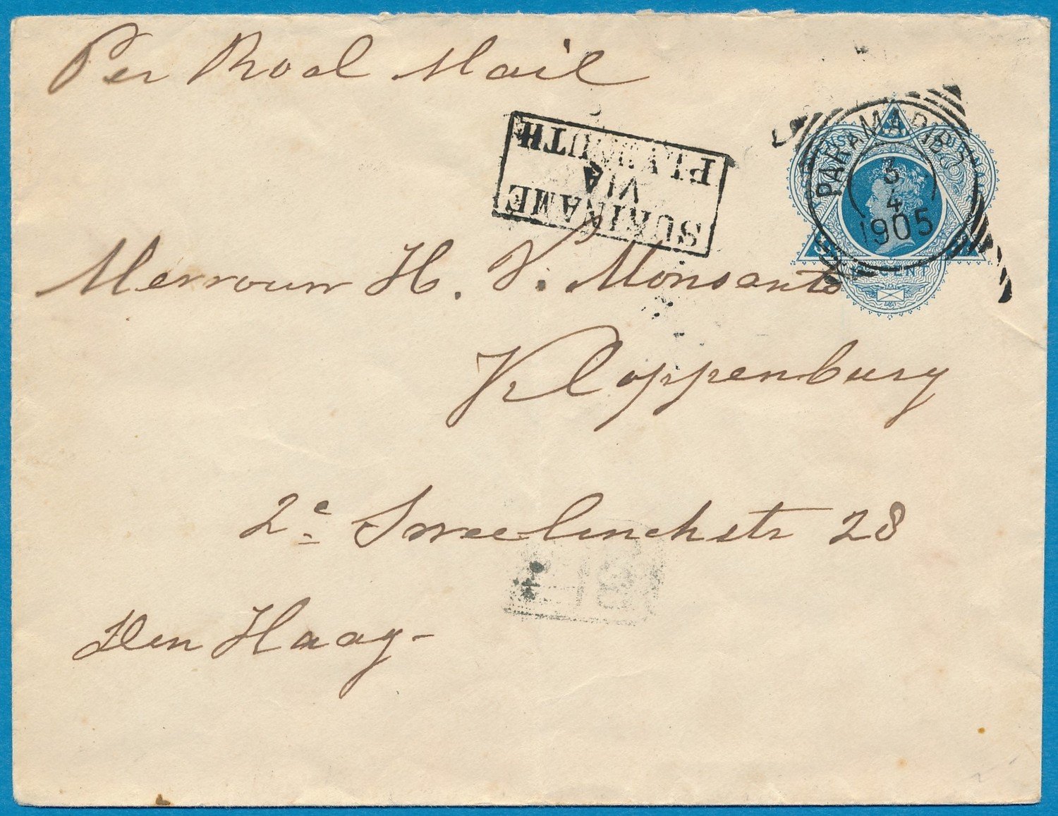 SURINAME envelop 1905 Paramaribo naar Den Haag