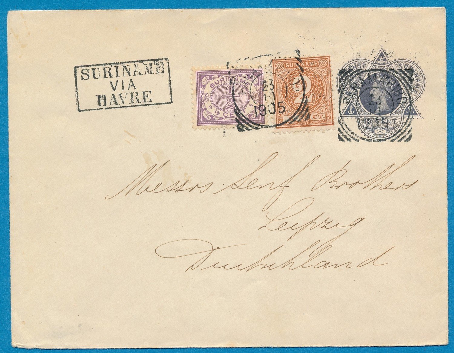 SURINAME envelop 1905 Paramaribo naar Duitsland