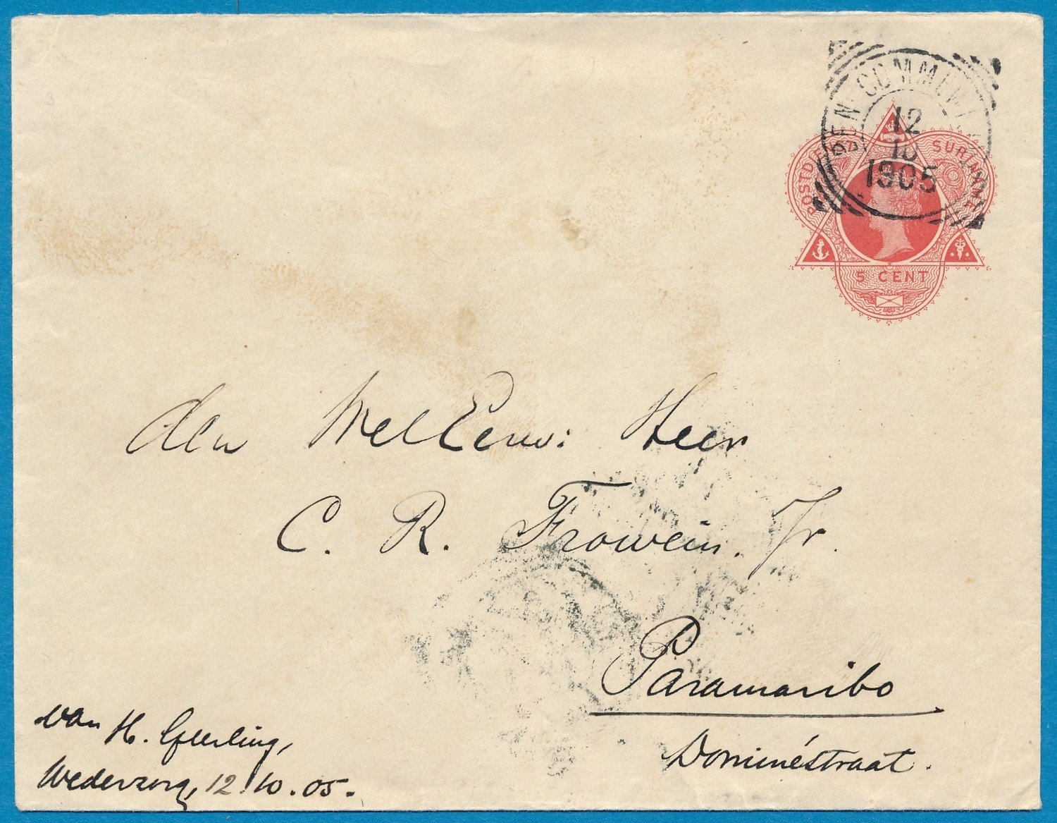 SURINAME envelop 1905 BEN:Commewijne plantage Wederzorg
