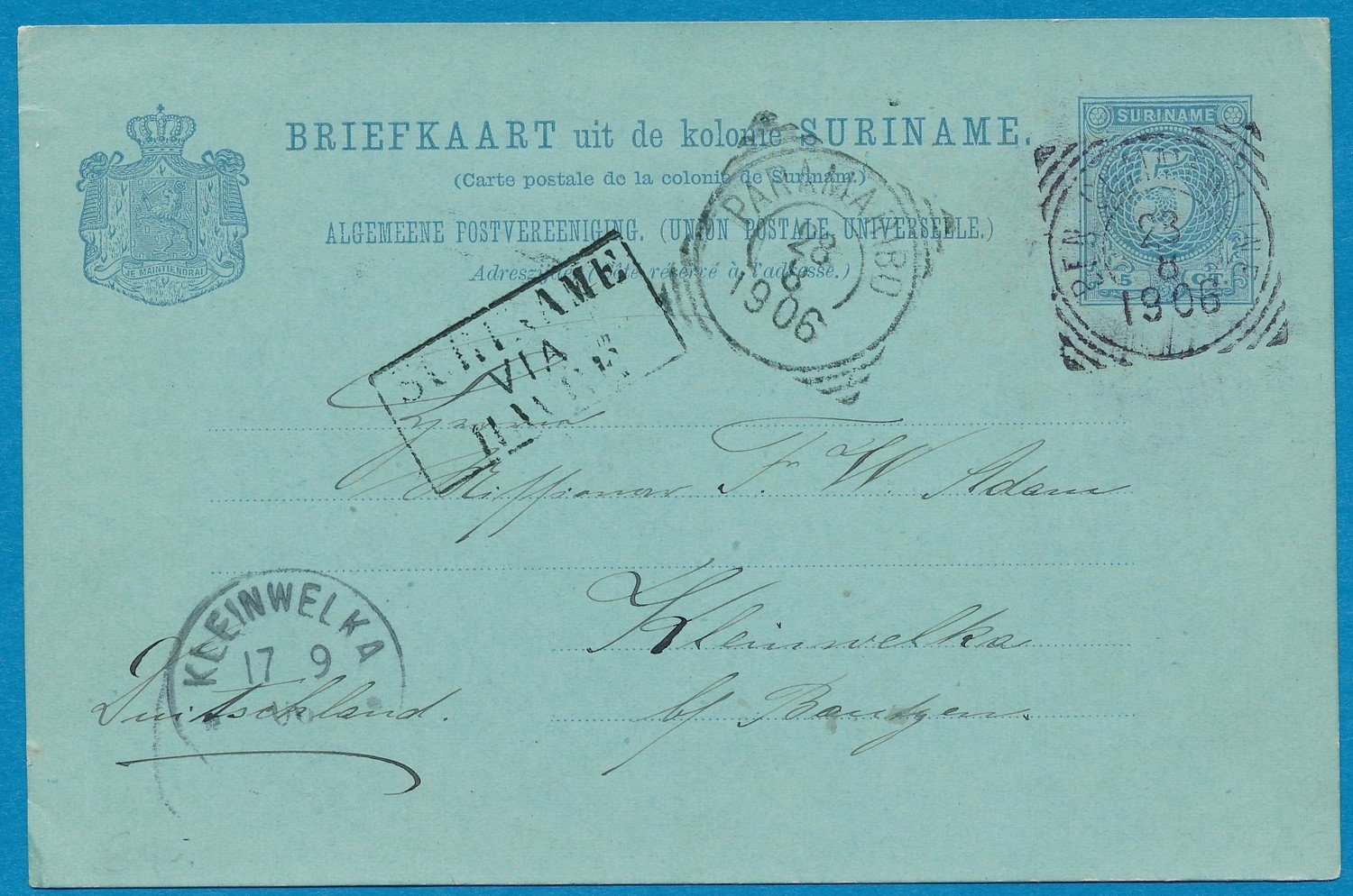 SURINAME briefkaart 1906 BEN:COMMEWIJNE naar Duitsland