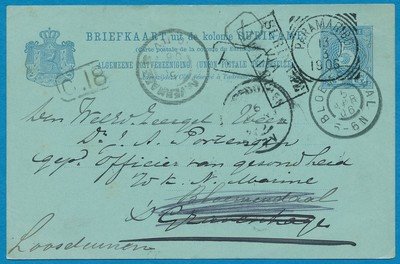 SURINAME briefkaart 1906 Paramaribo naar Den Haag doorgestuurd