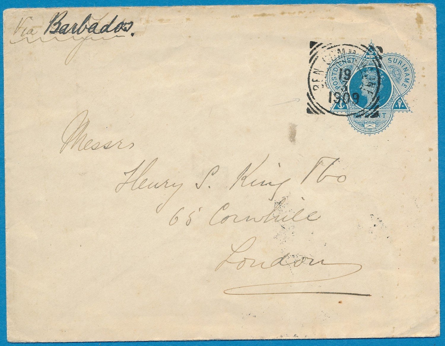 SURINAME envelop 1909 Ben:Commewijne naar London