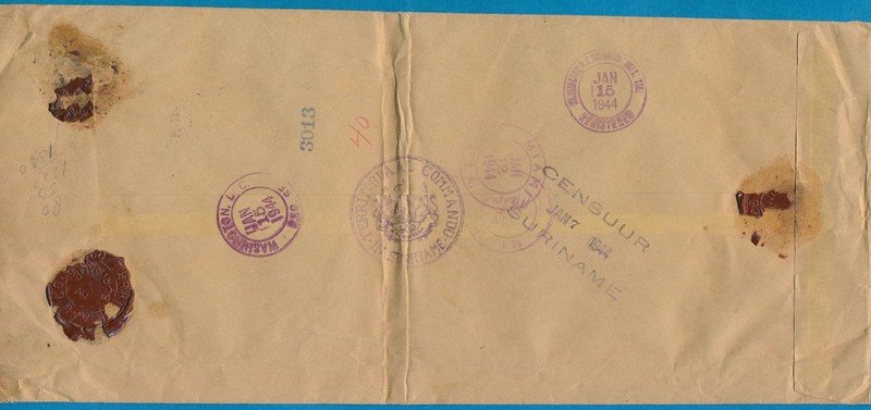 SURINAME R censuur brief 1944 Paramaribo naar USA