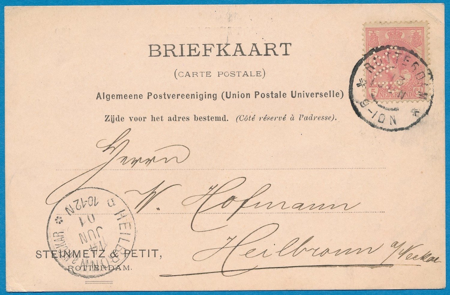 NEDERLAND briefkaart 1901 Rotterdam perfin S&P