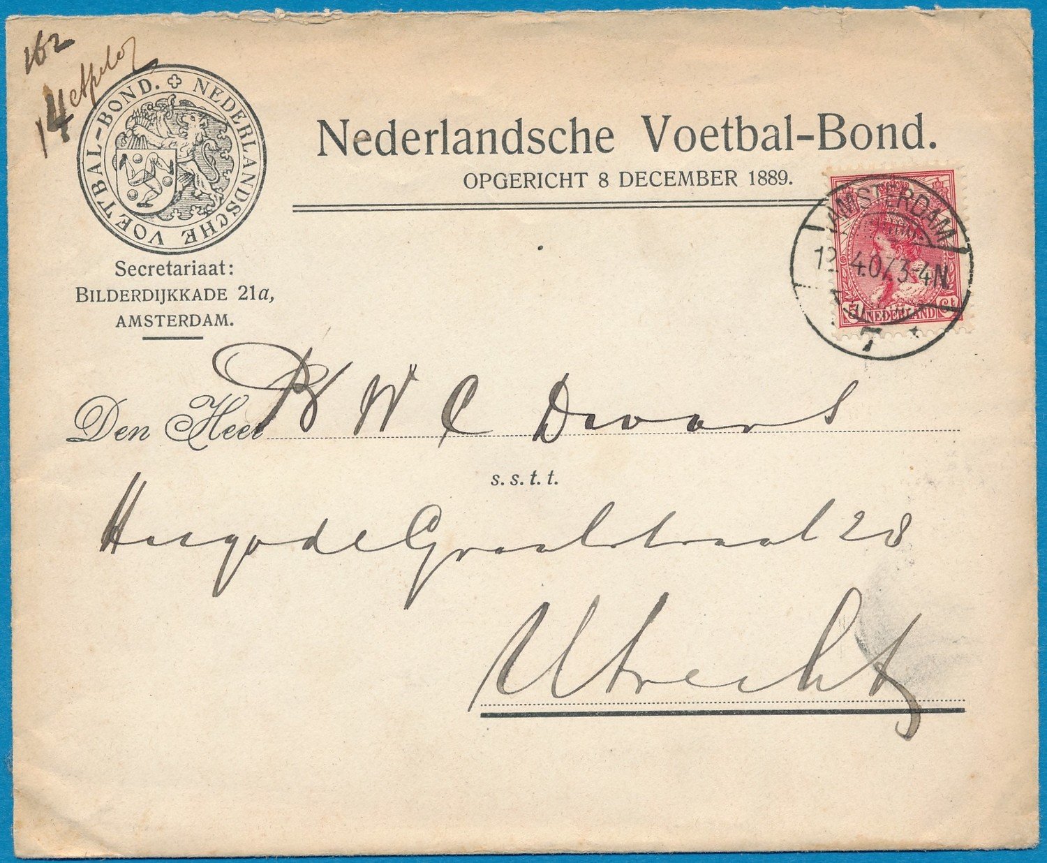 NEDERLAND brief 1907 Amsterdam Voetbal Bond