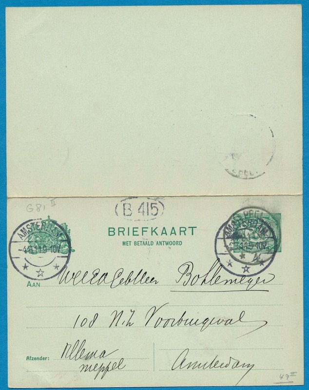 NEDERLAND briefkaart met antwoord 1911 Meppel naar Amsterdam