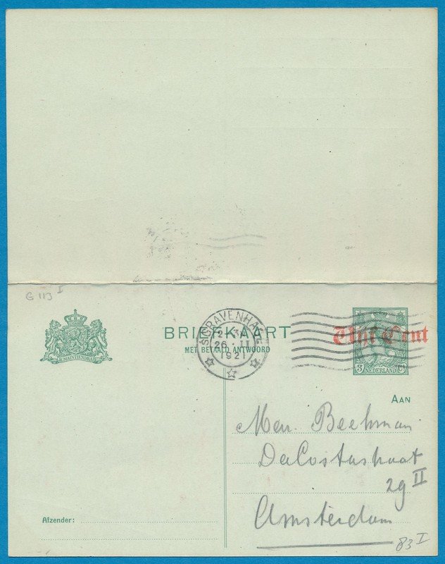 NEDERLAND briefkaart met antwoord 1921 &#39;s Gravenhage