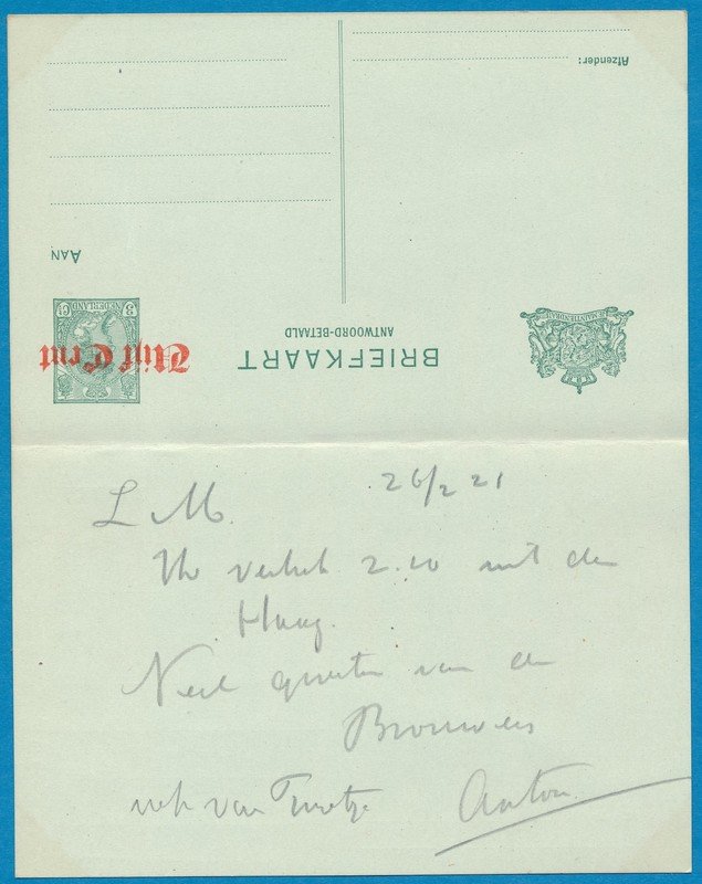 NEDERLAND briefkaart met antwoord 1921 's Gravenhage