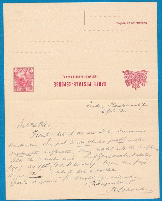 NEDERLAND briefkaart met antwoord 1920 Leiden