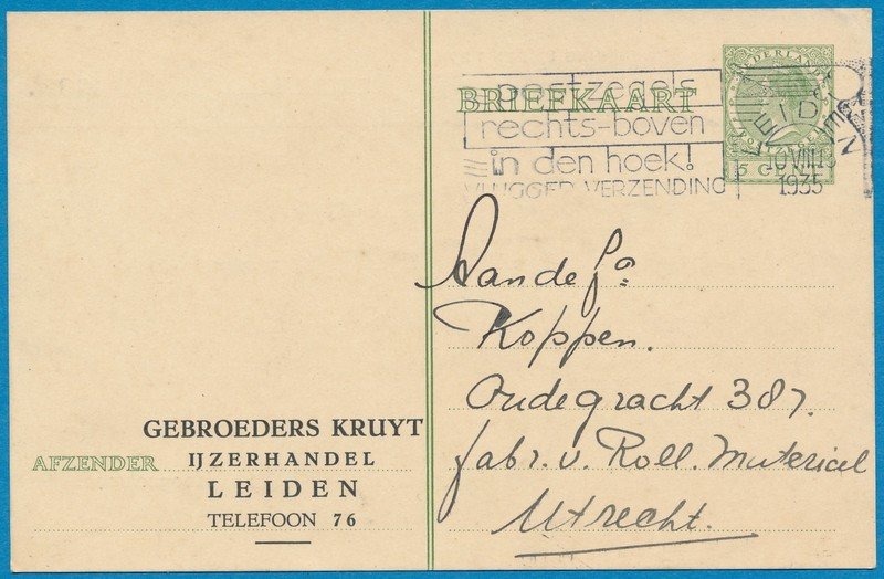 NEDERLAND briefkaart 1935 Leiden privé bedrukt Gebr.Kruyt