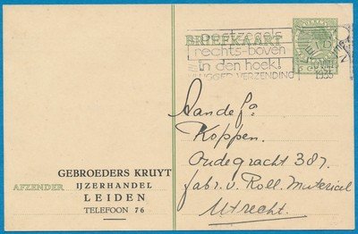 NEDERLAND briefkaart 1935 Leiden privé bedukt Gebr.Kruyt