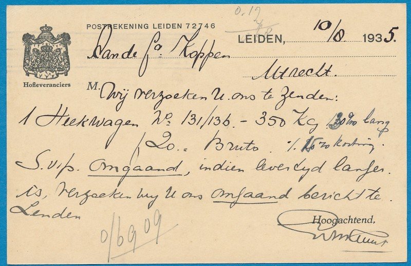 NEDERLAND briefkaart 1935 Leiden privé bedrukt Gebr.Kruyt