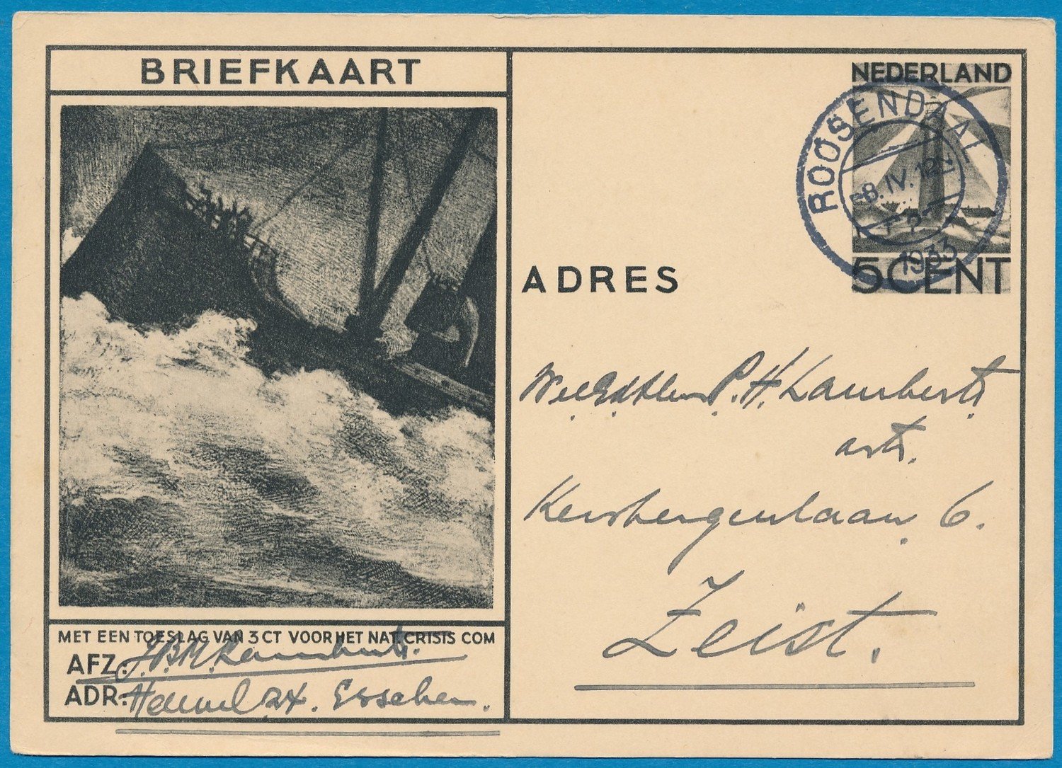 NEDERLAND briefkaart Crisis comité 1933 Roosendaal vuurtoren