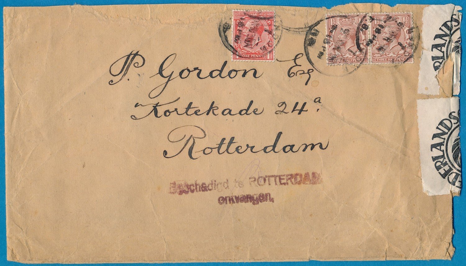 ENGELAND brief 1930 beschadigd te Rotterdam ontvangen