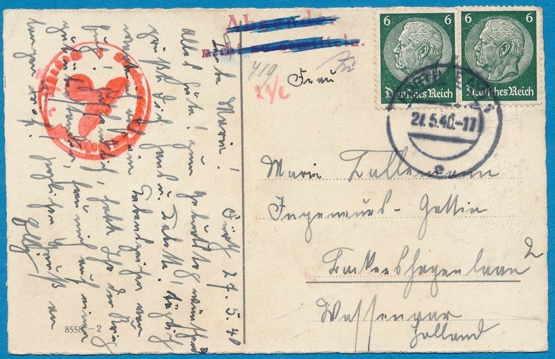 DUITSLAND kaart 21-5-1940 naar Nederland retour