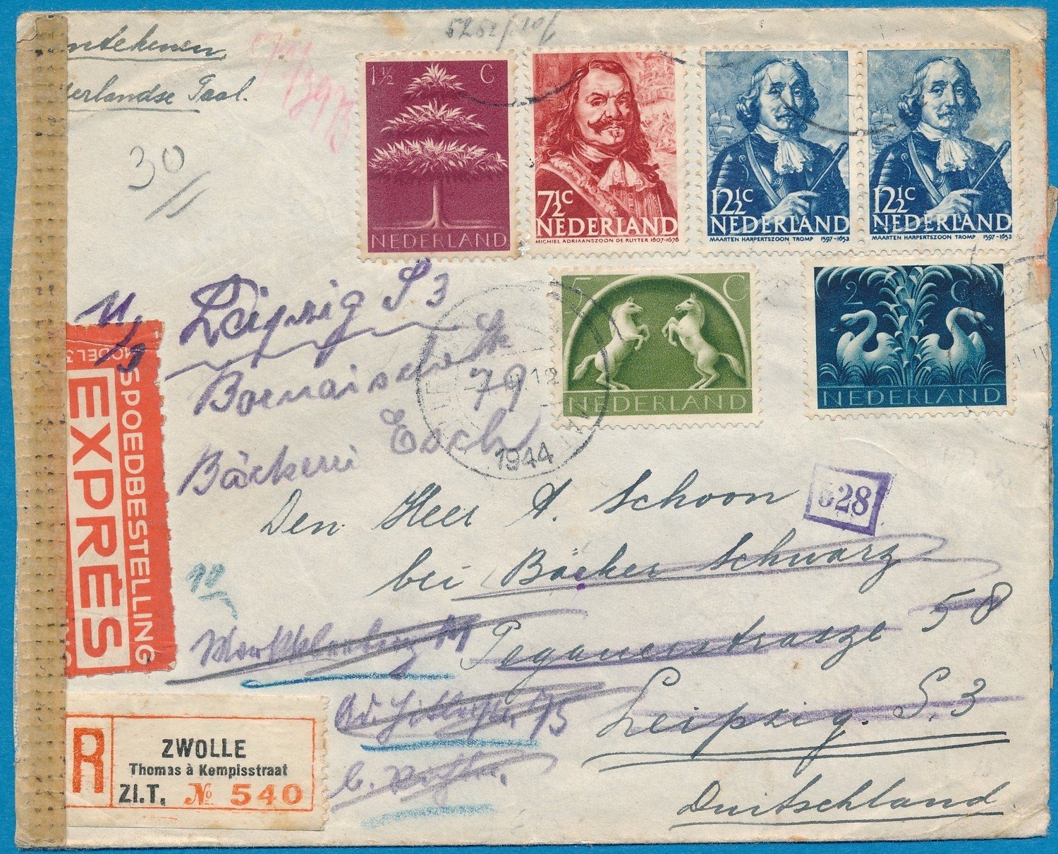 NEDERLAND censuur R expres brief 1944 Zwolle naar Duitsland