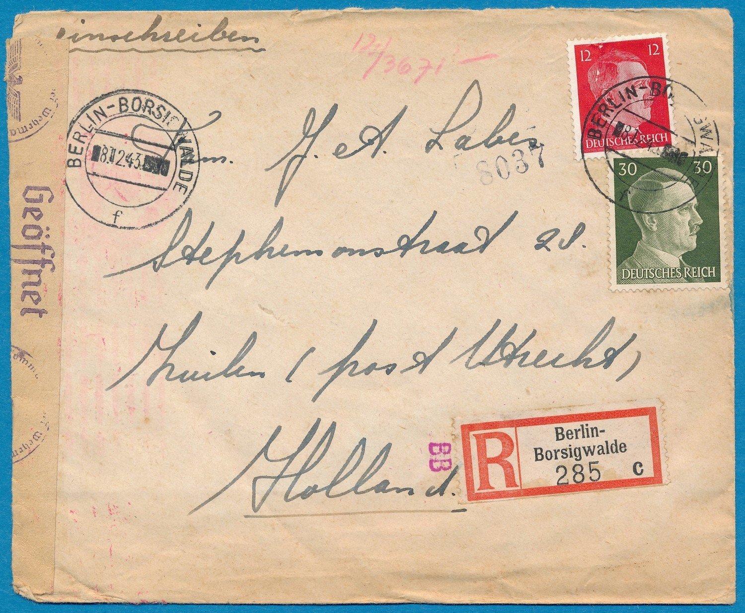 DUITSLAND R censuur brief 1943 Berlijn van tewerkgestelde naar Zuilen