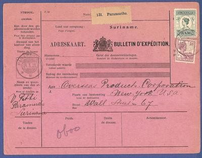SURINAME pakketkaart 1923 Paramaribo naar USA