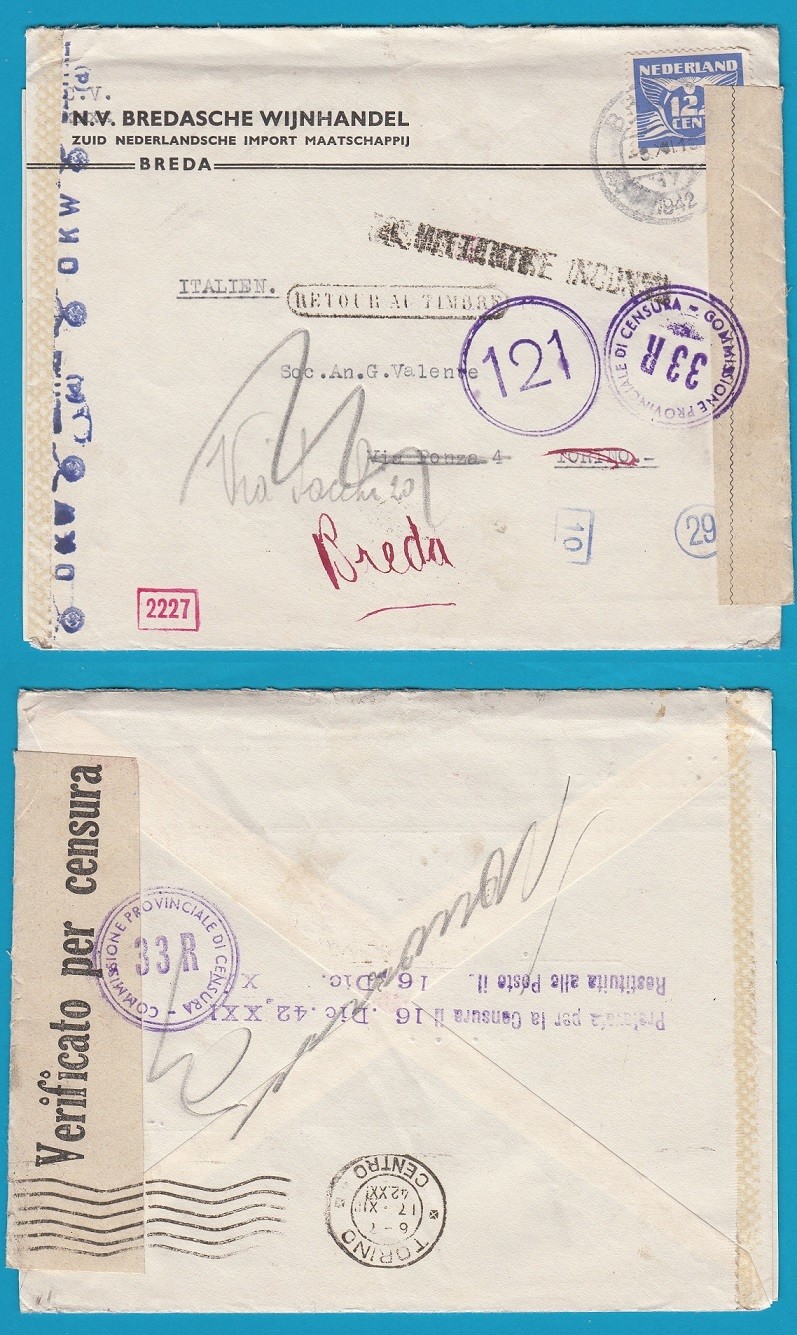 NEDERLAND censuur brief 1942 Breda naar Italië en retour