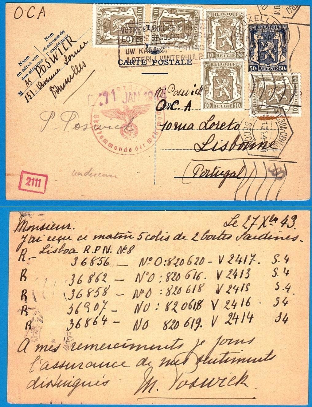 BELGIUM postal card 1943 to Portugal undercover