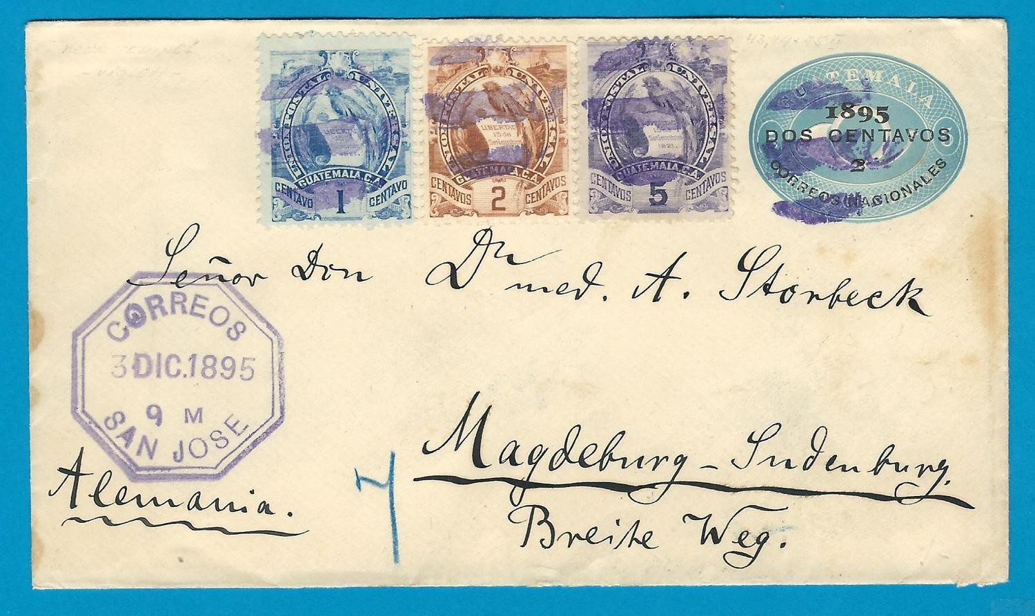 GUATEMALA envelope 1895 San Jose to Germany