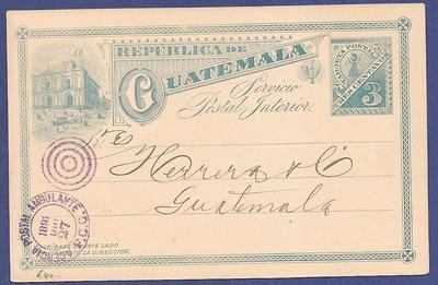 GUATEMALA postal card 1891 with train cancel GUATEMALA postal card 1891 with train cancel