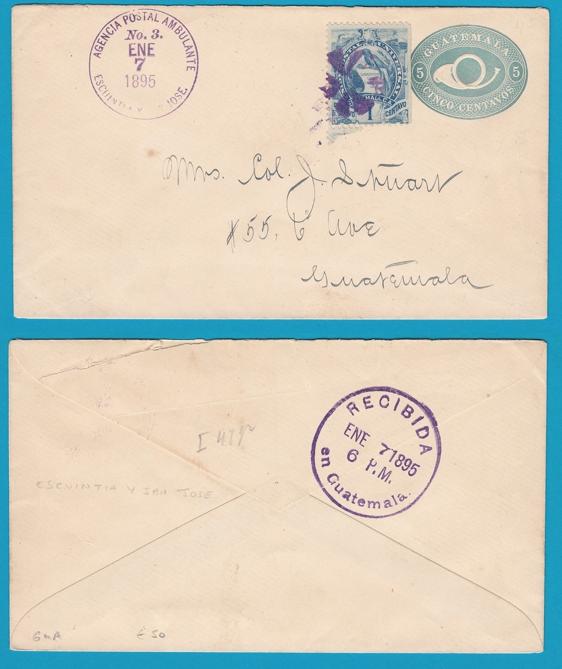 GUATEMALA envelope with traincancel 1895 Escuintla - Sn José