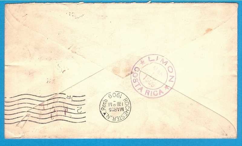 COSTA RICA envelope 1909 traincancel Ambulante RAMAL to USA