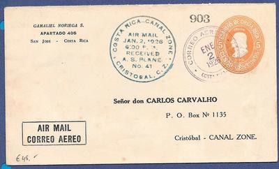 COSTA RICA airmail cover 1926 to Canal Zone COSTA RICA airmail cover 1926 to Canal Zone