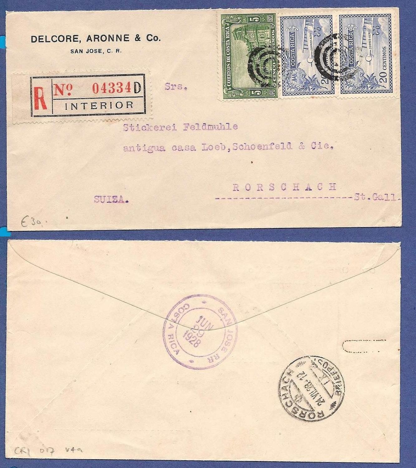 COSTA RICA R airmail cover 1928 to Switzerland