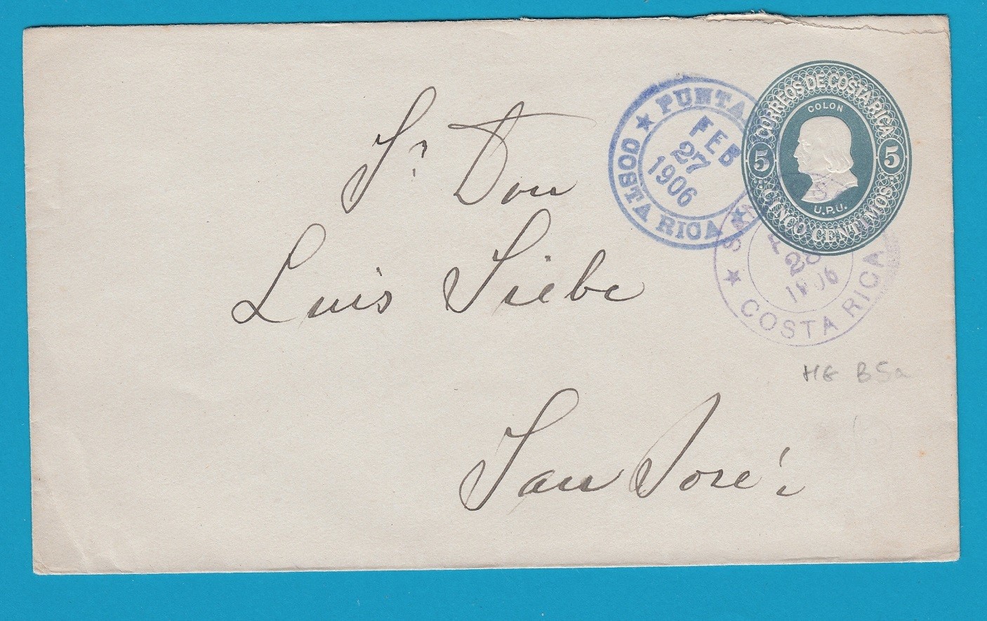 COSTA RICA envelope 1906 Puntas Arenas to San José