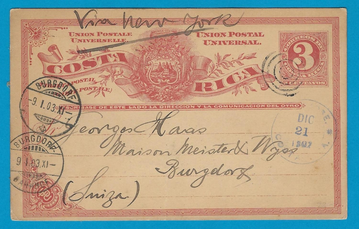 COSTA RICA postal card 1903 San José to Switzerland