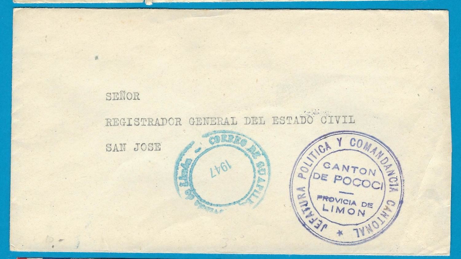 COSTA RICA official cover 1947 canton de Pococi