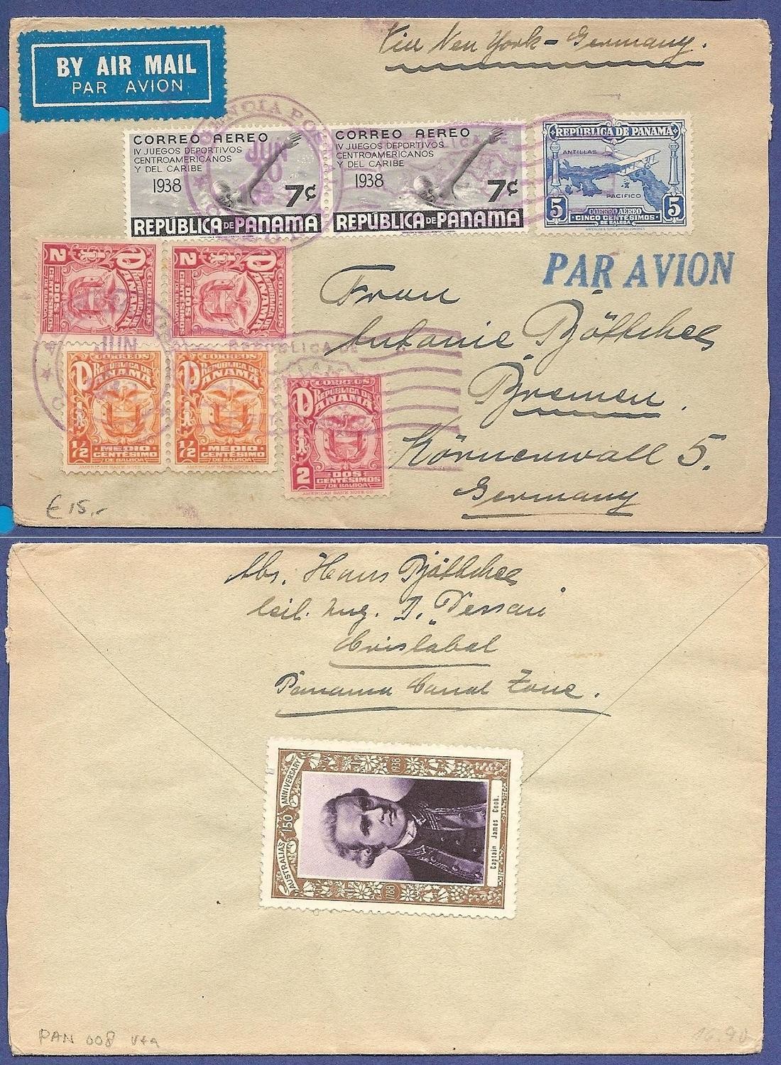 PANAMA air cover 1933 Colon to Germany