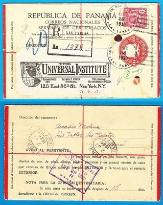 PANAMA R envelope 1930 Las Tablas to New York PANAMA R envelope 1930 Las Tablas to New York