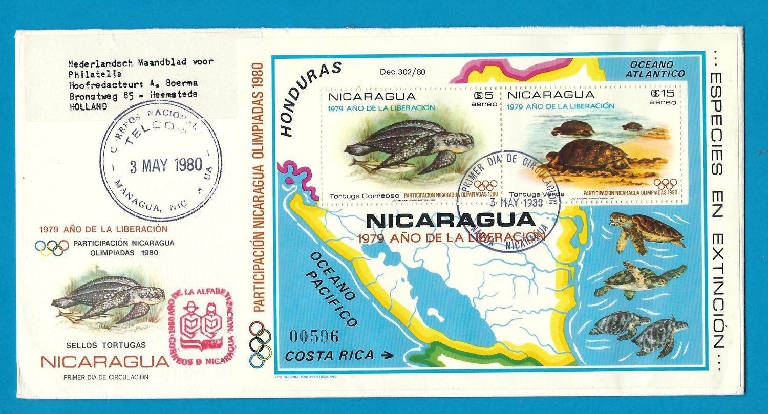NICARAGUA R cover 1980 with turtle sheetlet Olympic overprint