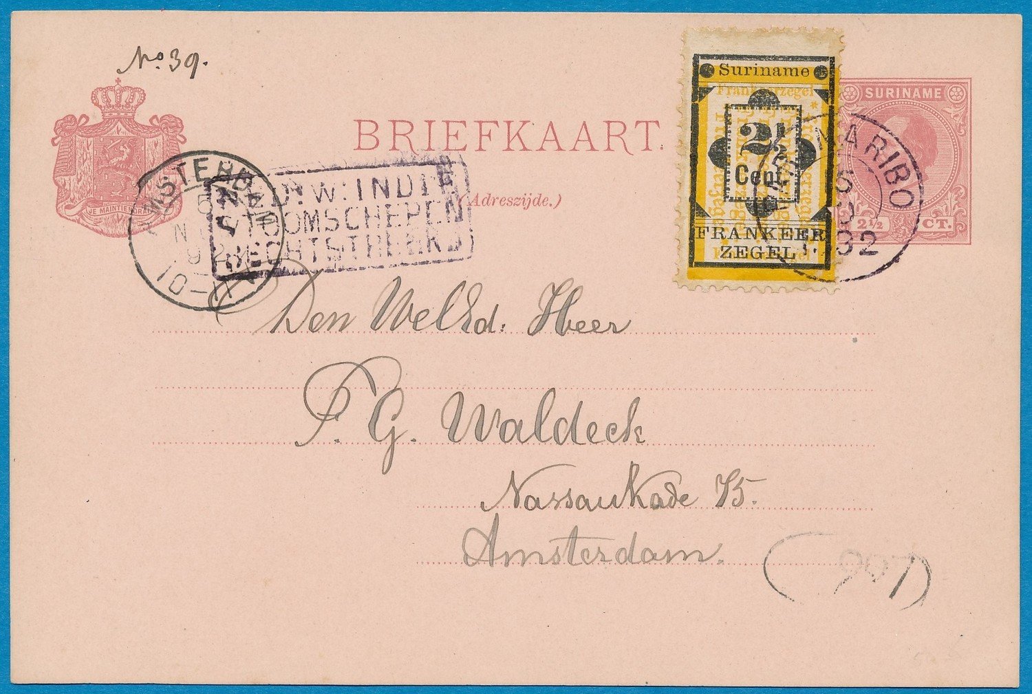 SURINAME briefkaart 1892 Paramaribo naar Amsterdam