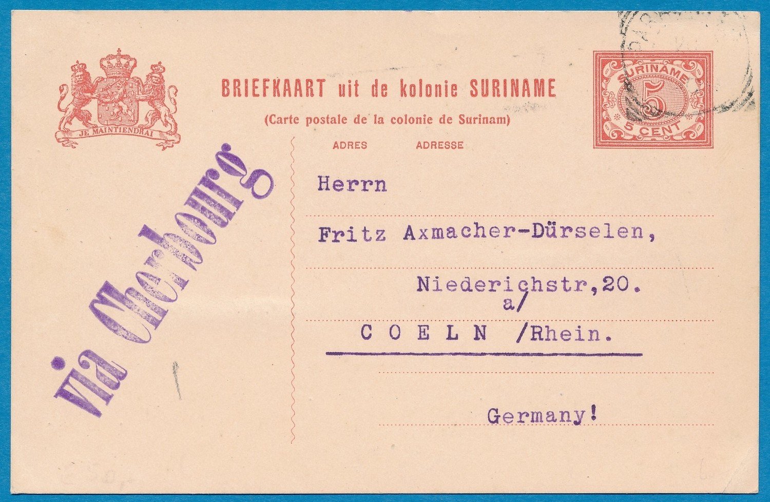 SURINAME briefkaart 1909 Paramaribo met routestempel SURINAME briefkaart 1909 Paramaribo met routestempel "via Cherbourg"