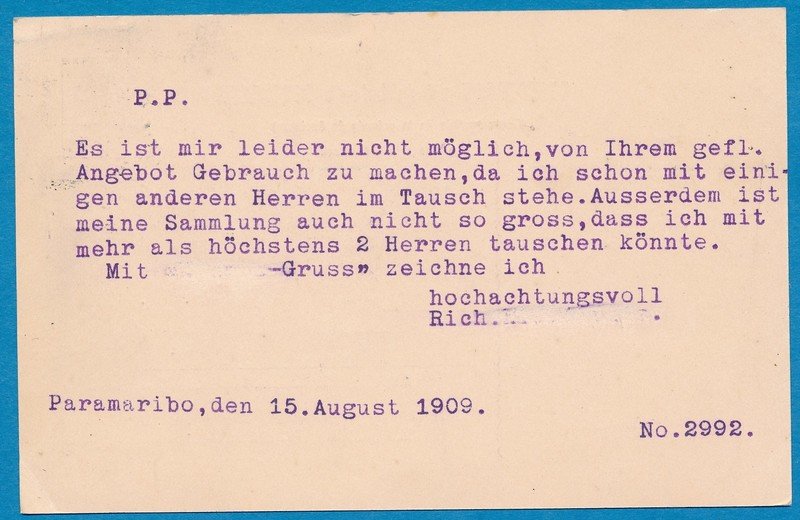 SURINAME briefkaart 1909 Paramaribo met routestempel "via Cherbourg"