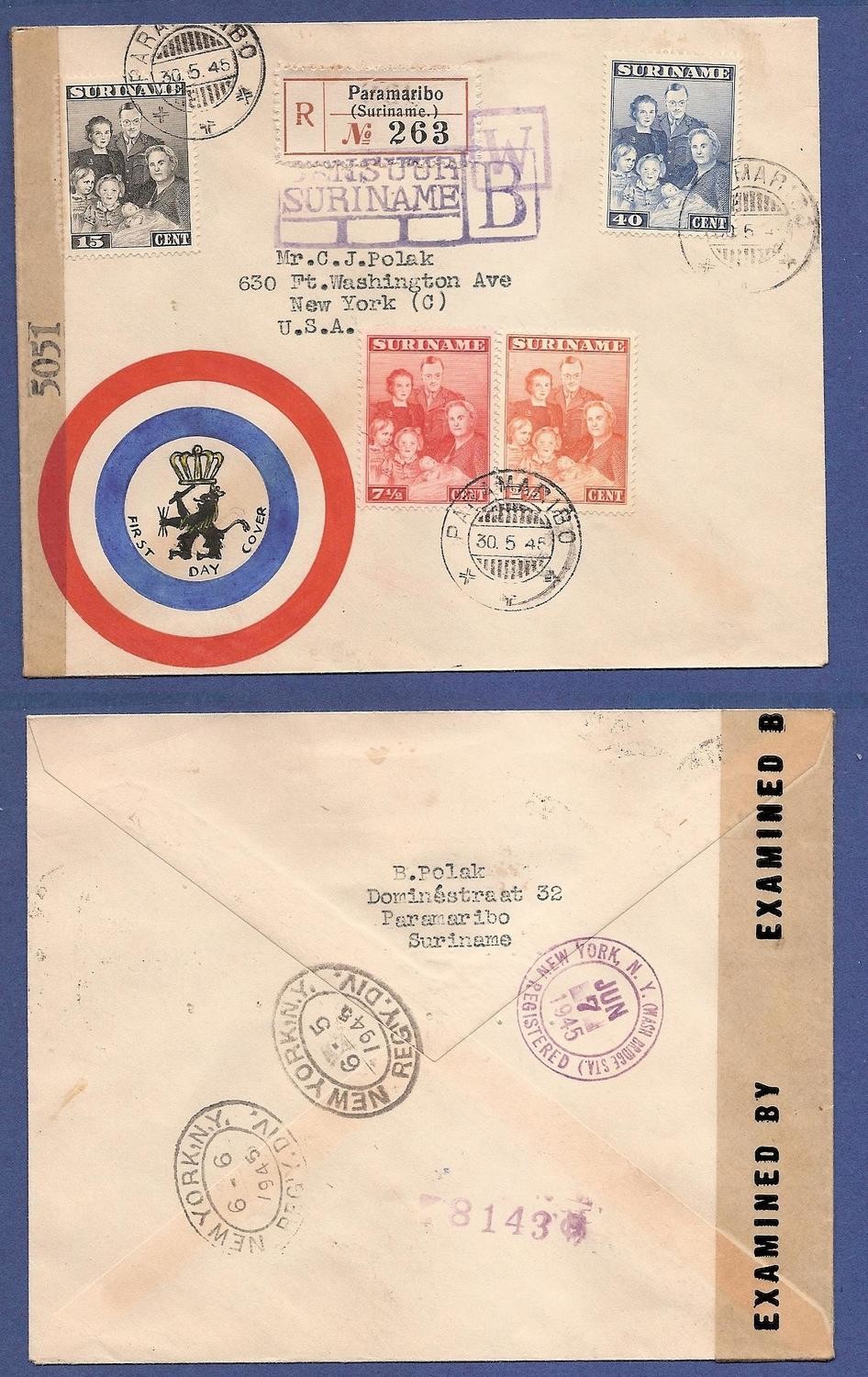 SURINAME censuur FDC 30-5-1945 met bevrijdings cachet SURINAME censuur FDC 30-5-1945 met bevrijdings cachet