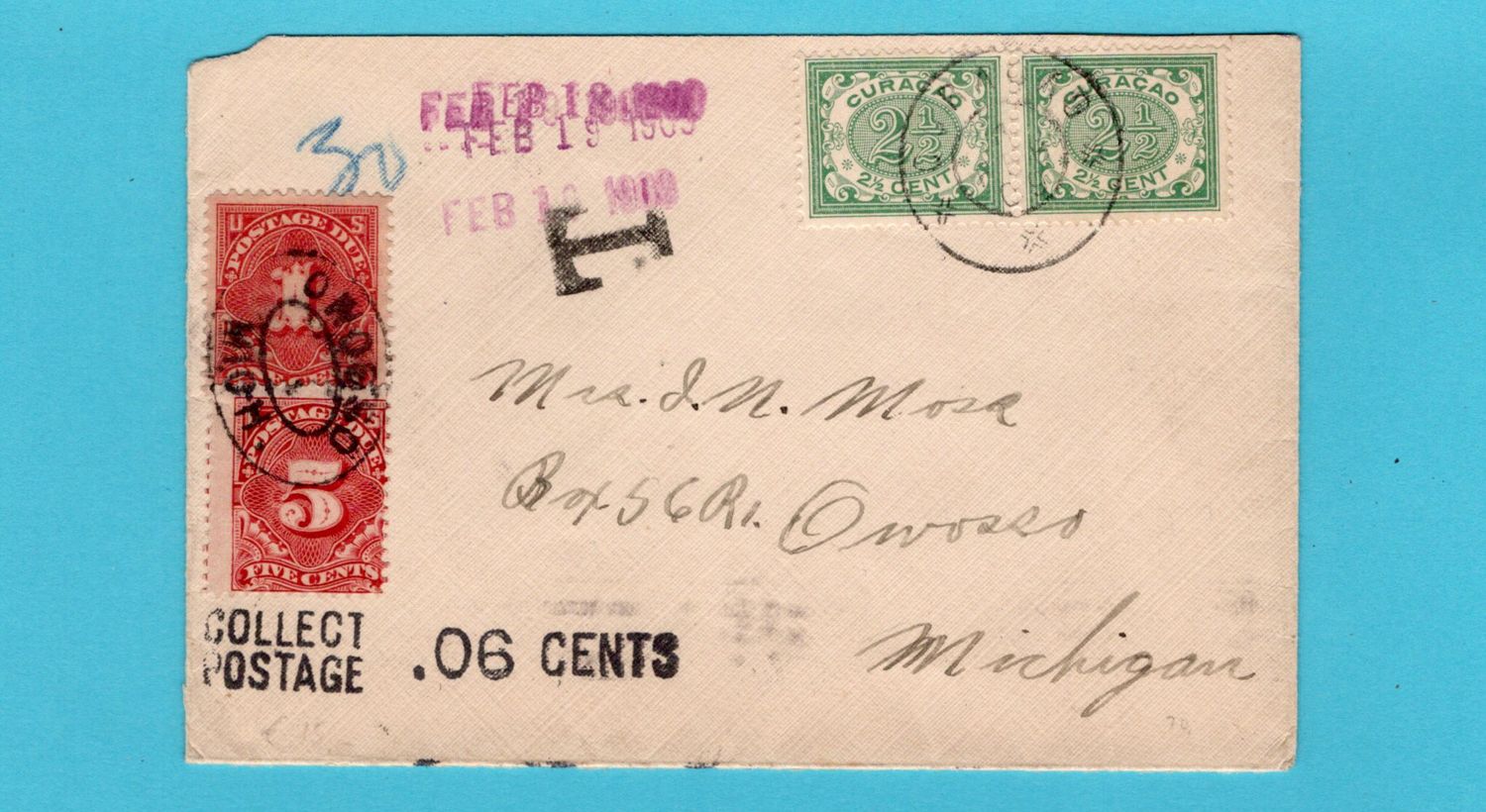 CURAÇAO briefje 1909 naar USA met port belast CURAÇAO briefje 1909 naar USA met port belast