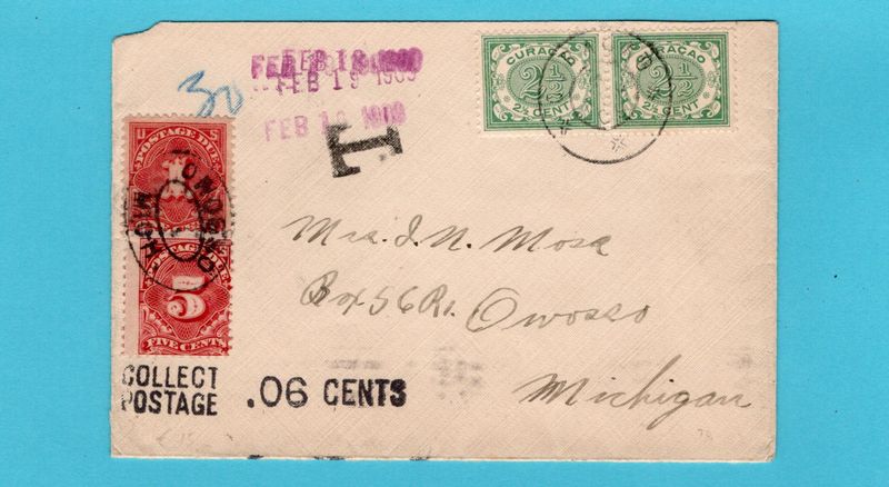 CURAÇAO briefje 1909 naar USA met port belast