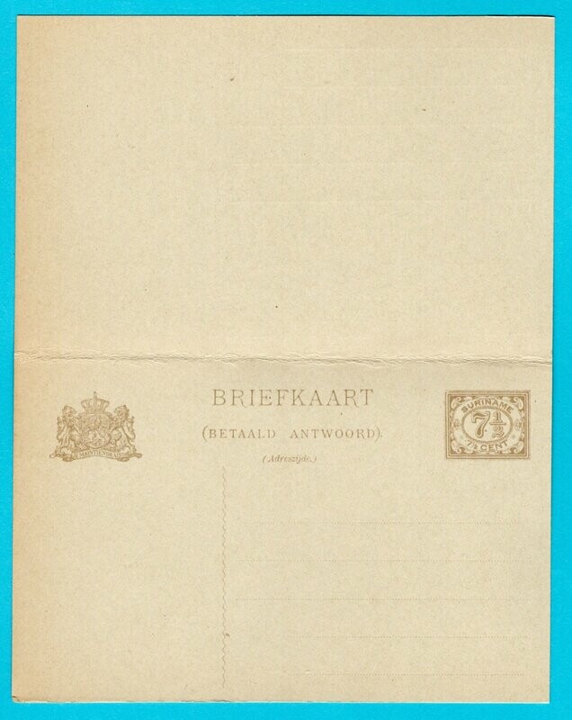 SURINAME postwaardestuk met betaald antwoord **
