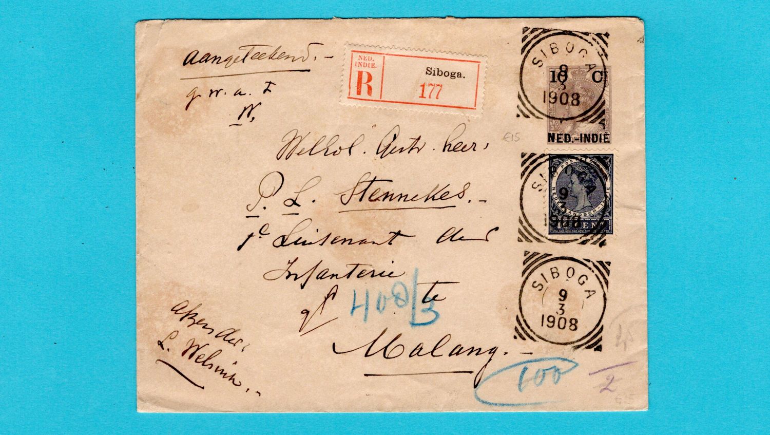 NETHERLANDS EAST INDIES R envelope 1908 Siboga to Malang