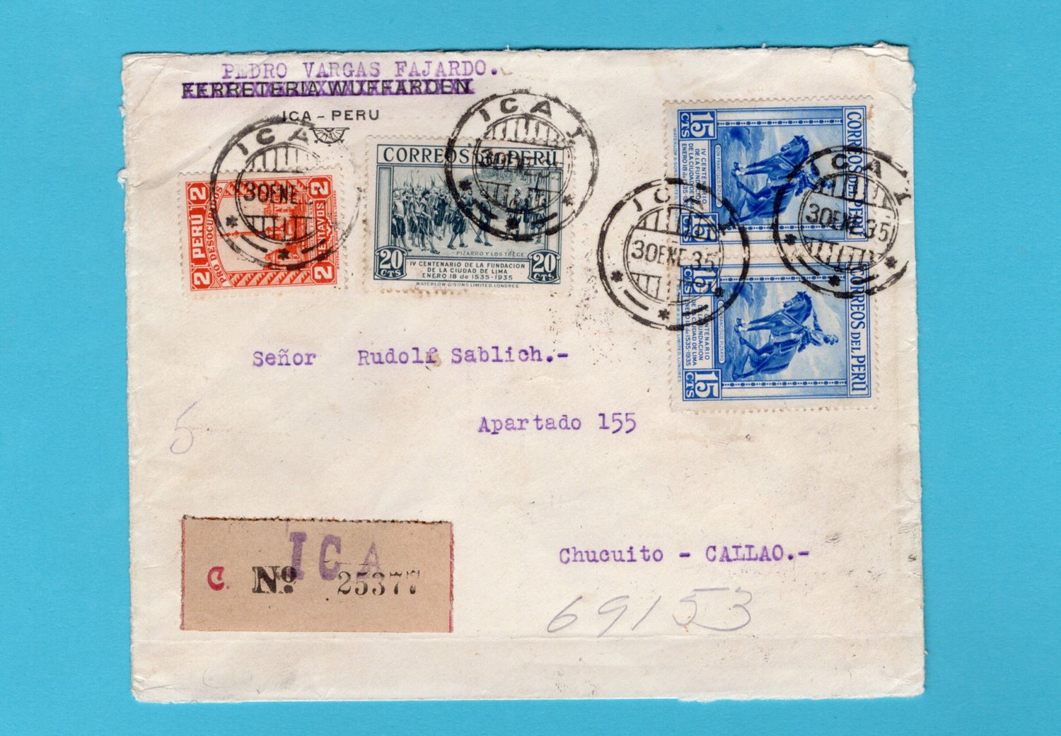 PERU R cover 1935 Ica to Chucuito, Callao