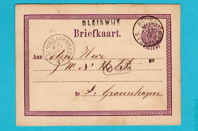 NEDERLAND briefkaart 1874 Bleiswijk naamstempel + Rotterdam